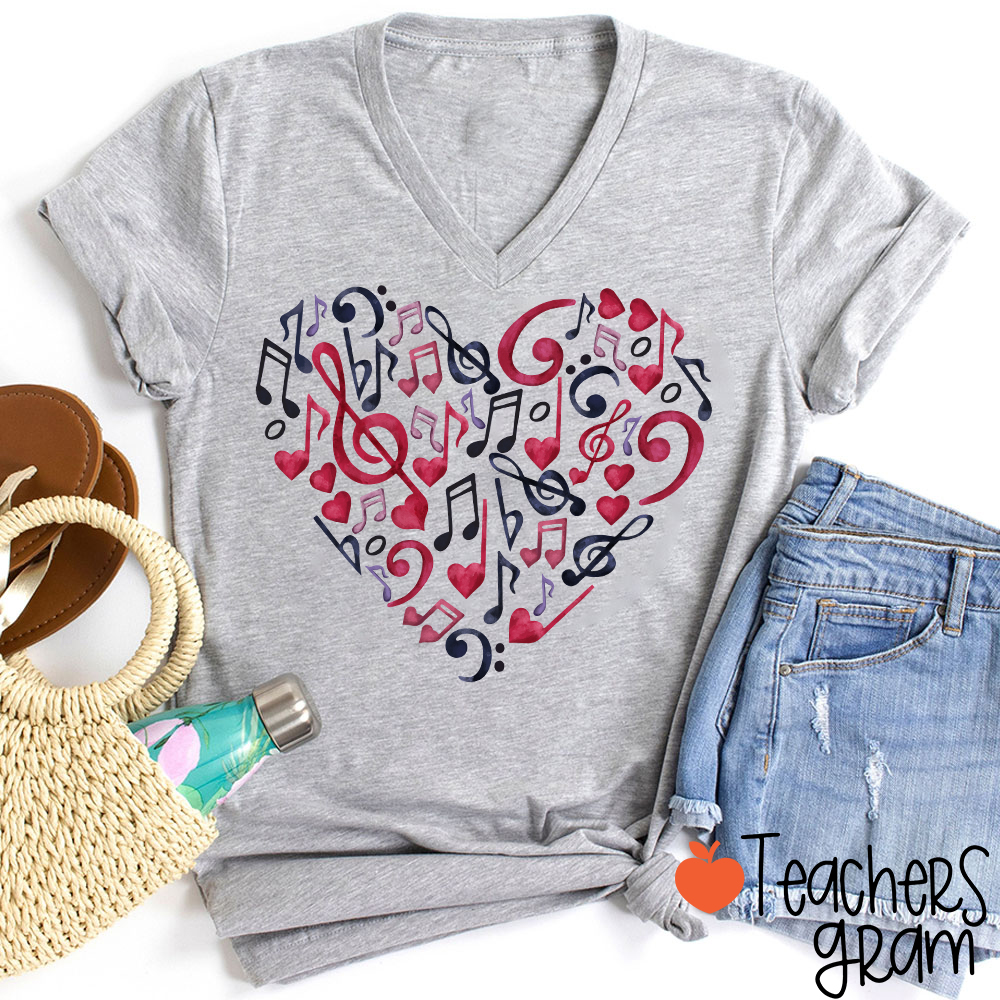 Musical Note Heart Teacher Female V-Neck T-Shirt