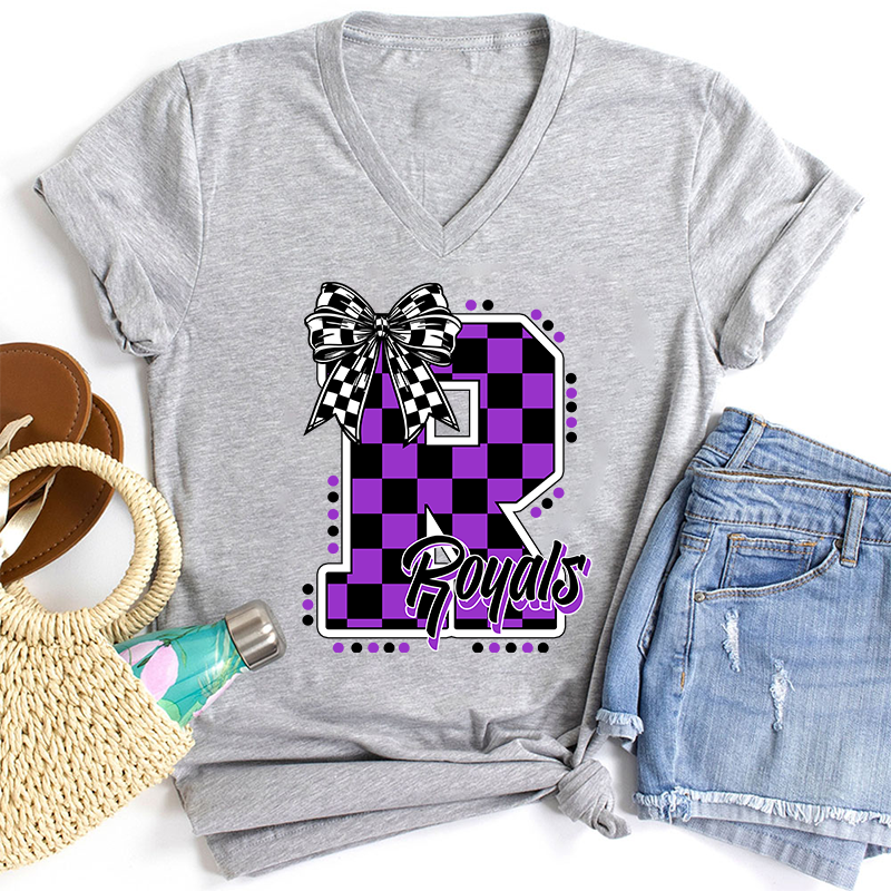 Personalized Mascot Checkered Print Teacher Female V-Neck T-Shirt