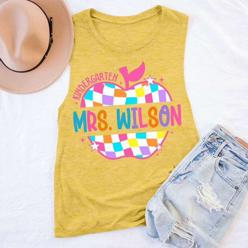 Personalized Colorful Checkerboard Hollow Apple Teacher Tank Top