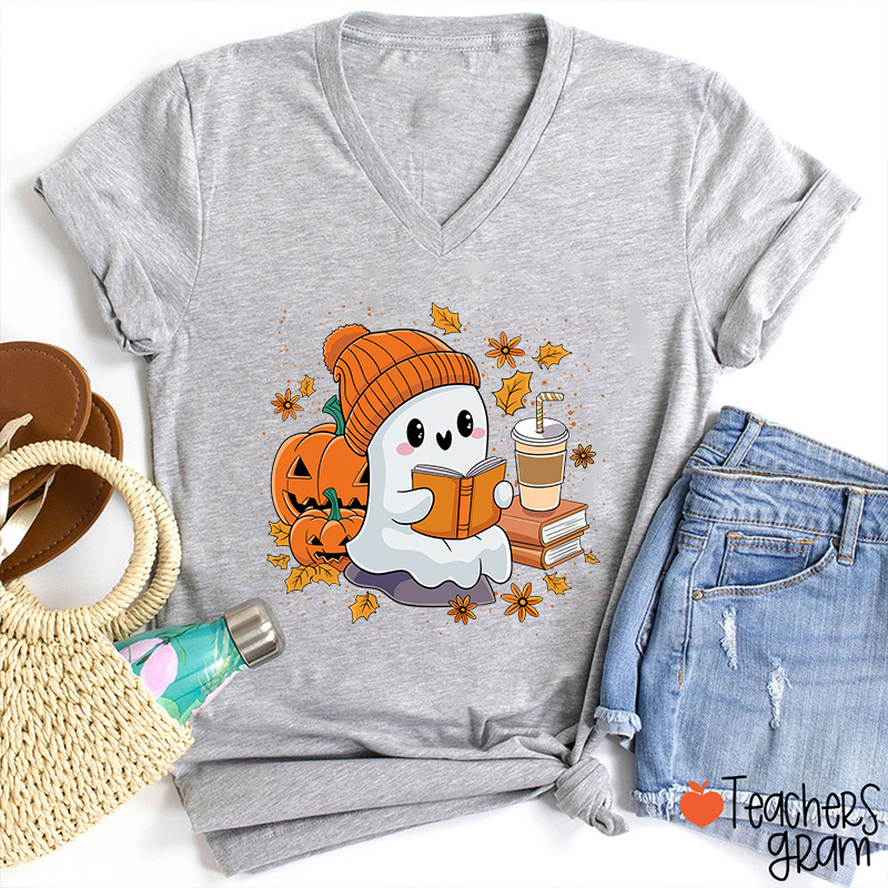 Reading Ghost Pumpkin Halloween Teacher  Female V-Neck T-Shirt