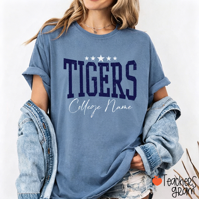 Personalized Mascot And School Name Star Distressed Graphic Teacher T‑Shirt