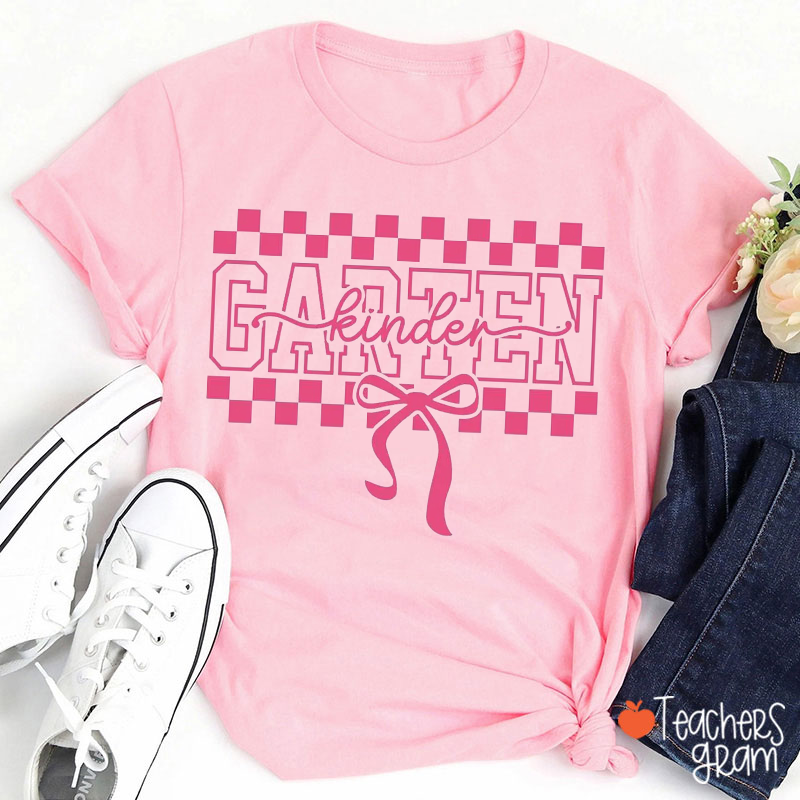 Personalized Grade Name Checkerboard Pink Bow Tie Teacher T-Shirt