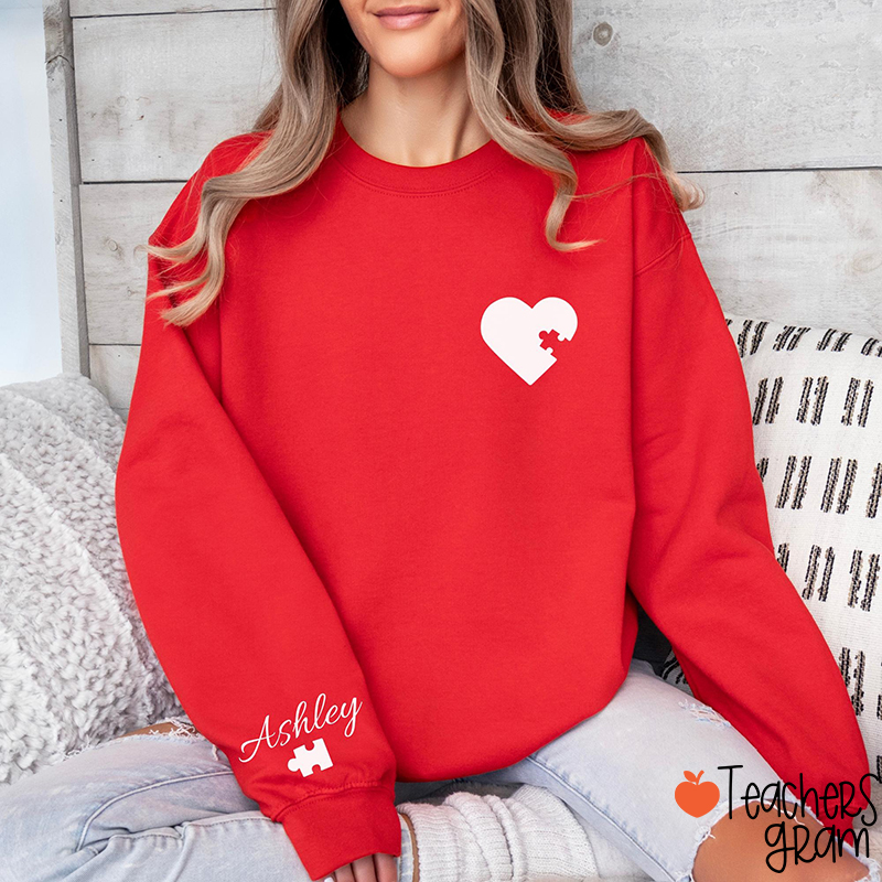 Personalized Name Cute Valentine's Day Teacher Sleeve Print Sweatshirt