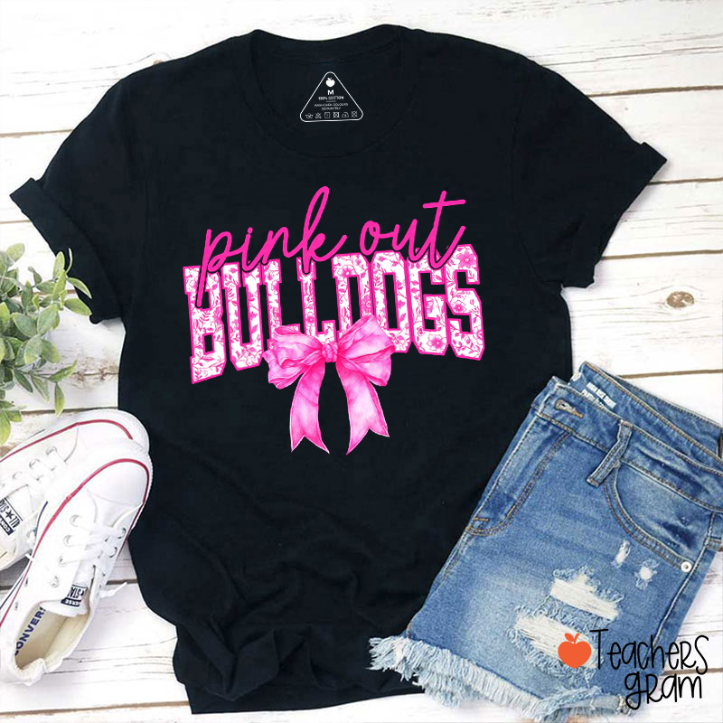 Personalized Mascot Pink Out Printed Bow Teacher T-Shirt