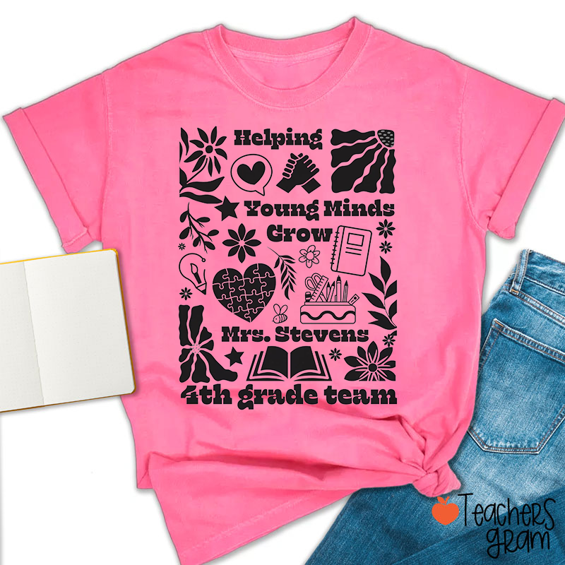 Personalized Grade Name Monochrome Sun Flower Heart Book Teacher T-Shirt