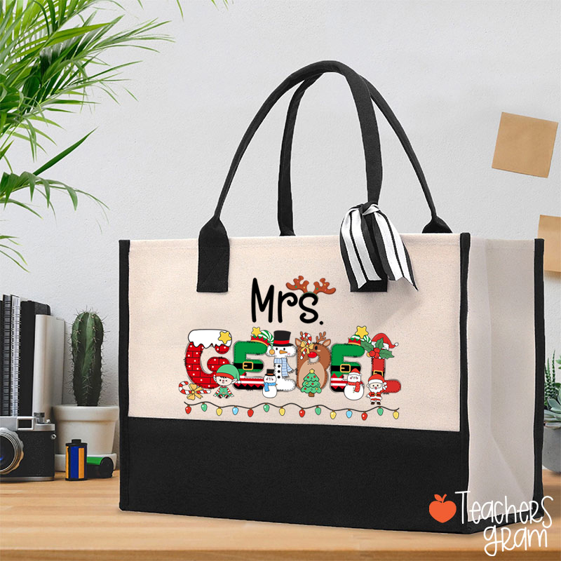Personalized Name Christmas Lights Teacher Cotton Tote Bag