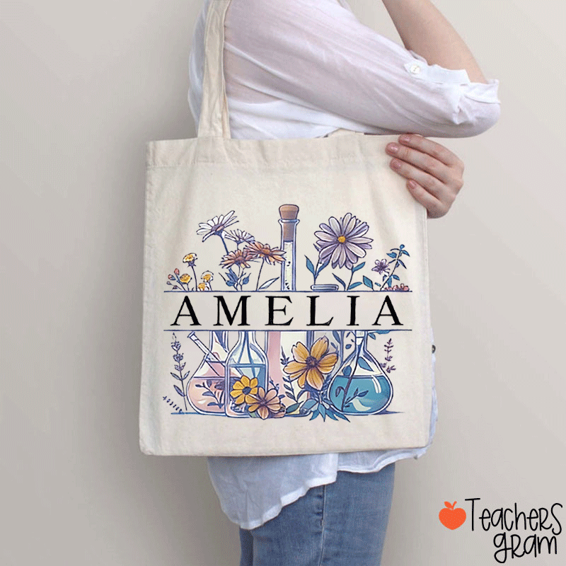 Personalized Name Flower Chemical Reagent Teacher Tote Bag