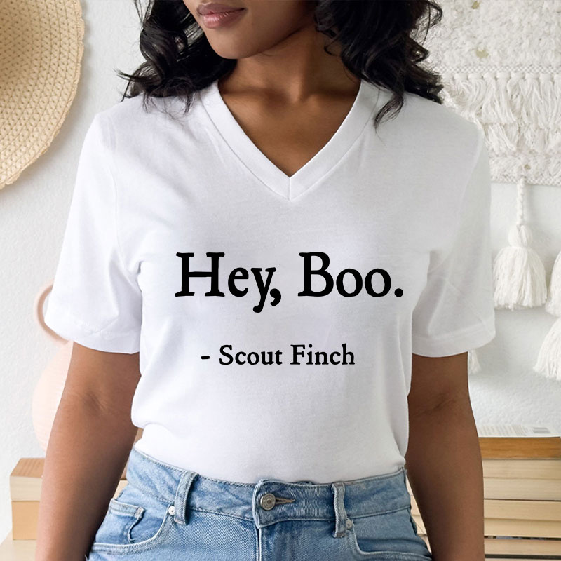 Hey Boo Teacher Female V-Neck T-Shirt