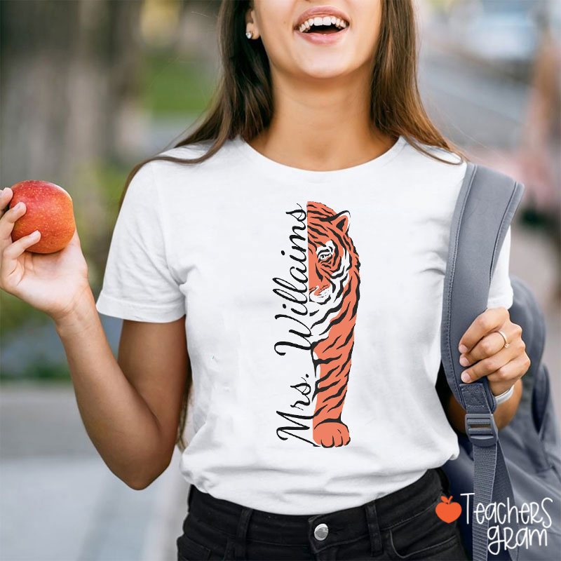 Personalized Name Vertical Tiger Mascot Teacher T-Shirt
