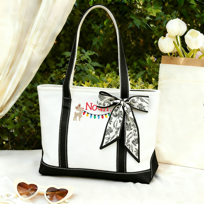 Personalized Name Christmas Lights And Reindeer Teacher Canvas Tote Bag