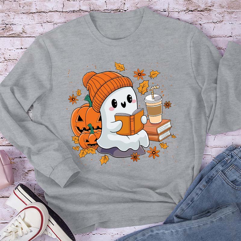 Reading Ghost Pumpkin Halloween Teacher Long Sleeve T-Shirt