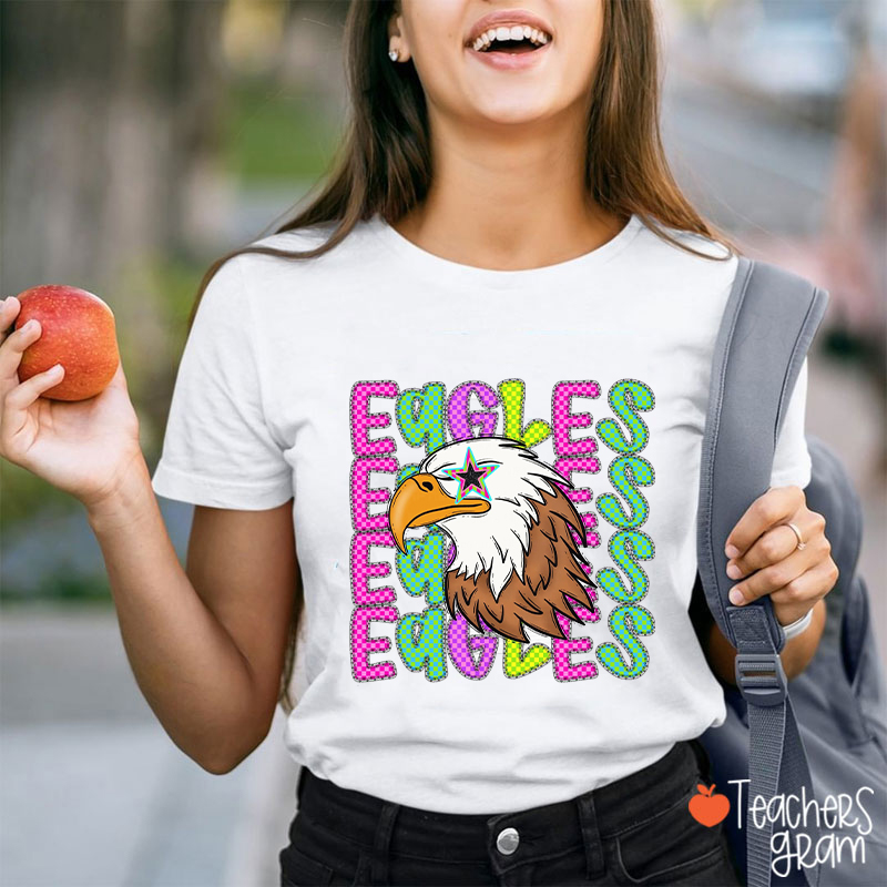 Personalized Mascot Neon Multi-Color Checkerboard Letters Teacher T-Shirt