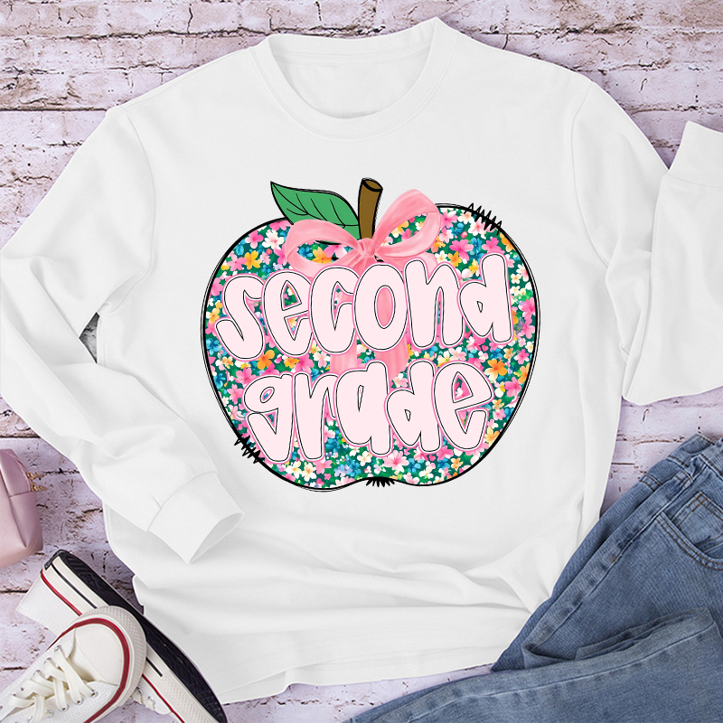 Personalized Grade Flowers Apple Teacher Long Sleeve T-Shirt