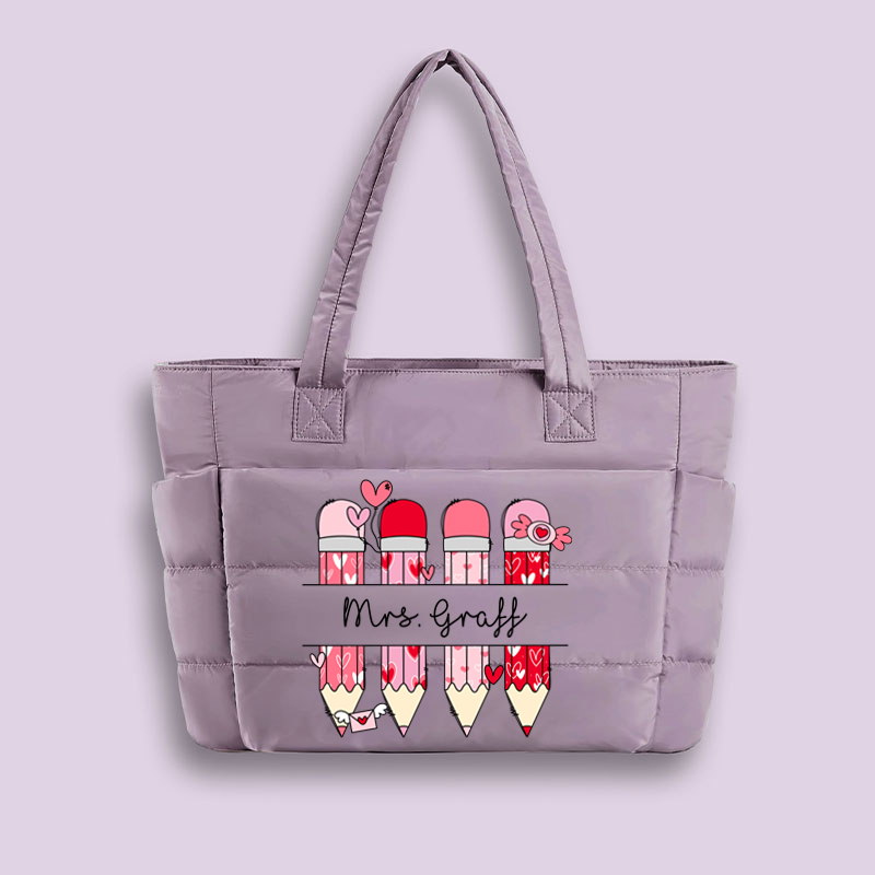 Personalized Pink Pencil Name Teacher Puffy Tote Bag