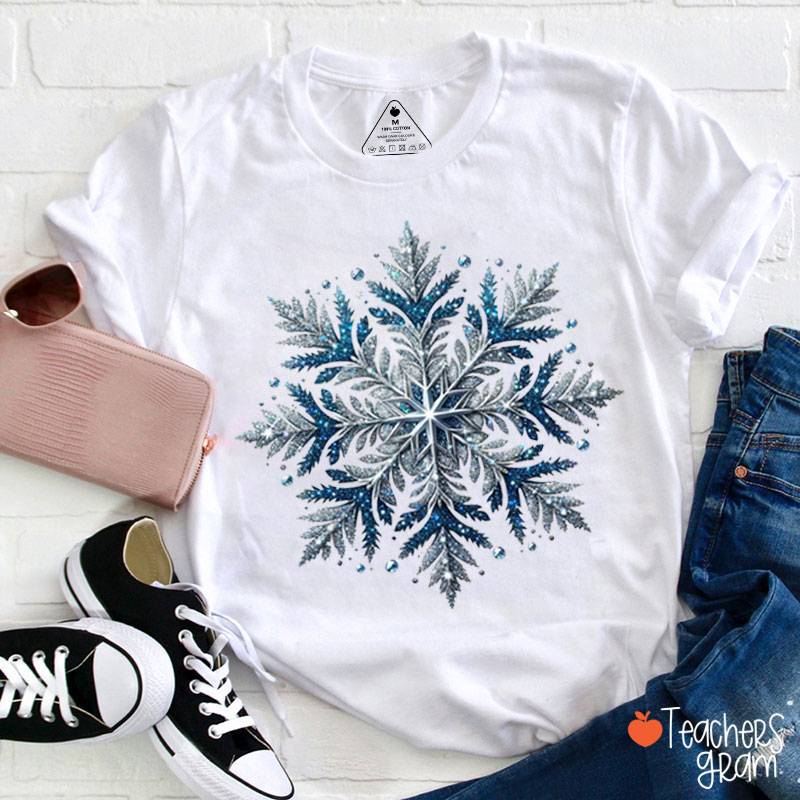 Shining Blue Snowflakes Winter Vibes Teacher T-Shirt