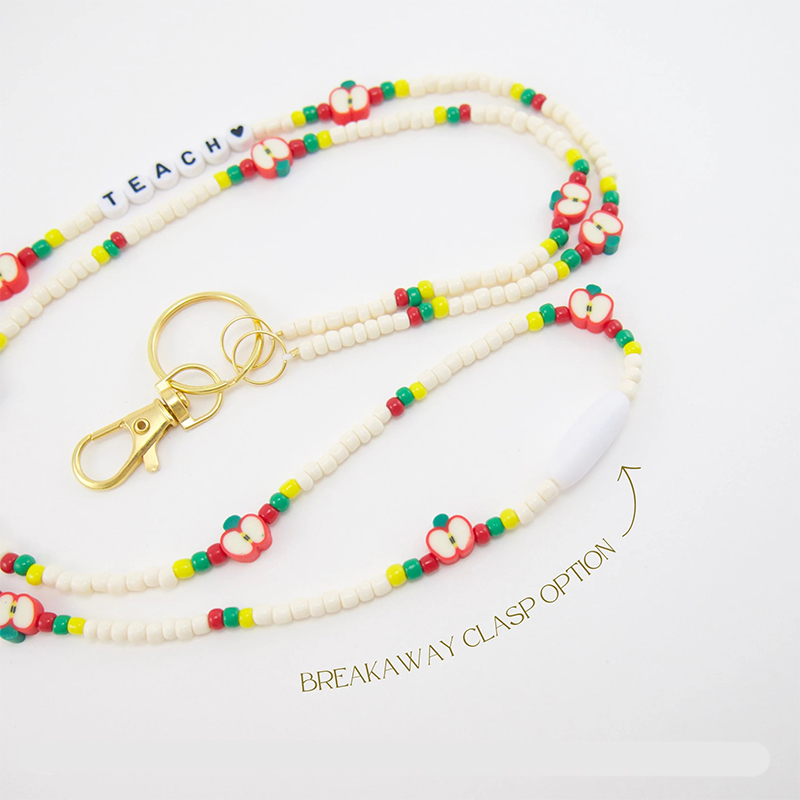 Personalized Beaded Beige And Apple Teacher Lanyard