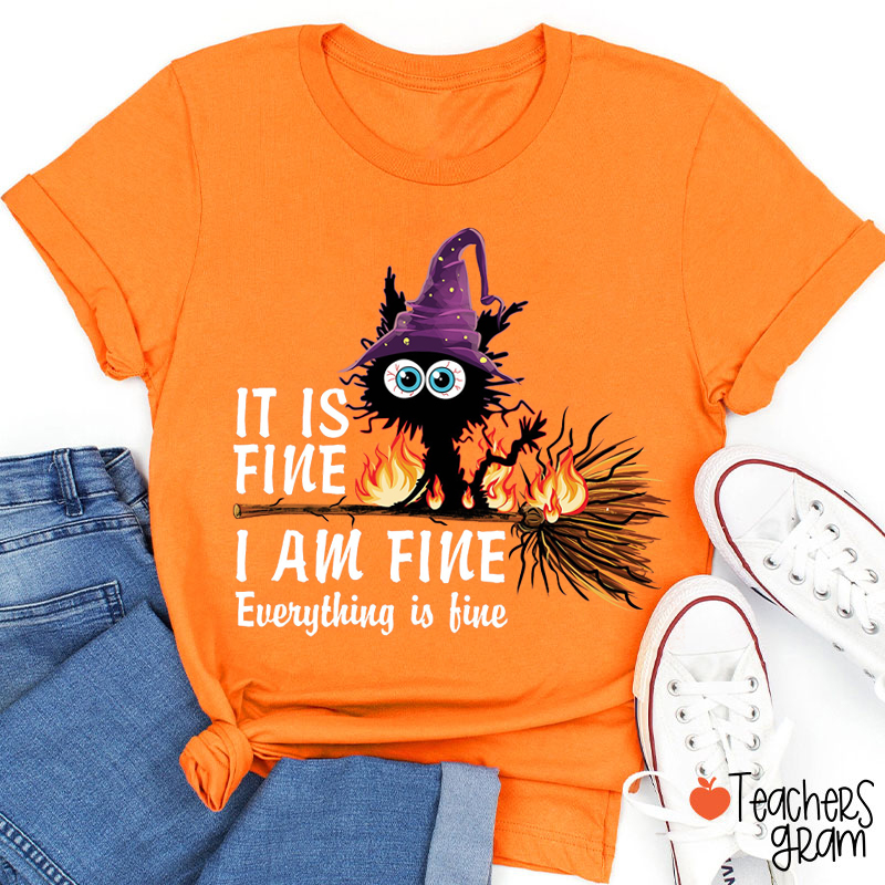 It Is Fine I Am Fine Everything Is Fine Halloween Broom Cat Teacher T-Shirt