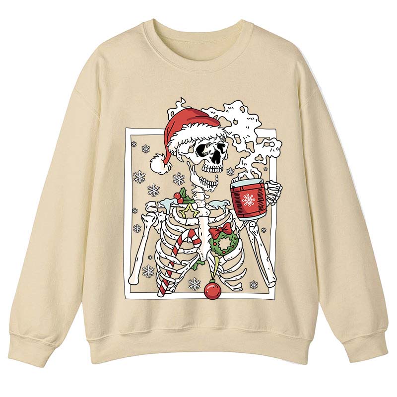 Skeleton With Smiling Skull Drinking Coffee Latte Teacher Sweatshirt