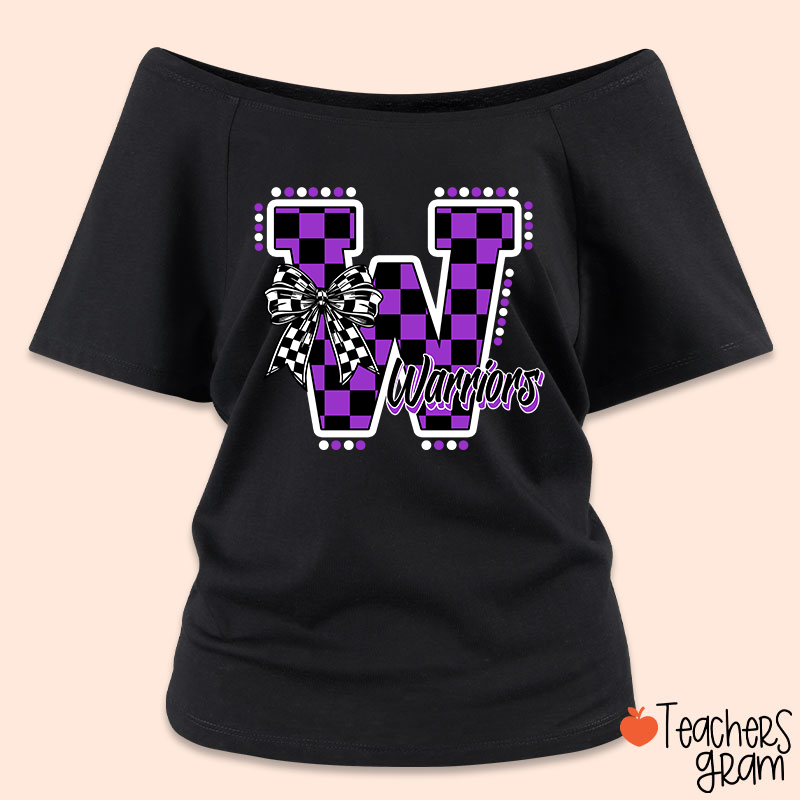 Personalized Mascot Checkered Print Teacher Off Shoulder Shirt