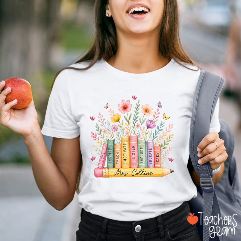 Personalized Wildflower Books Name Teacher T-Shirt
