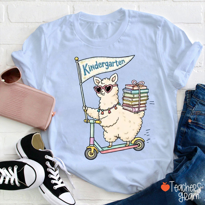 Personalized Grade Cartoon Llama Scooter Books Flag Teacher T-Shirt