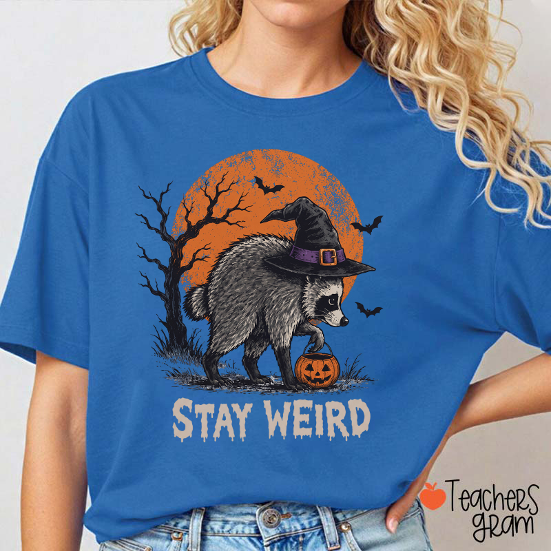 Stay Weird Halloween Raccoon Witch Hat Pumpkin Teacher T-Shirt