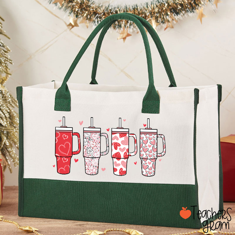 Cute Heart Thermos Cup Valentines Teacher Cotton Tote Bag