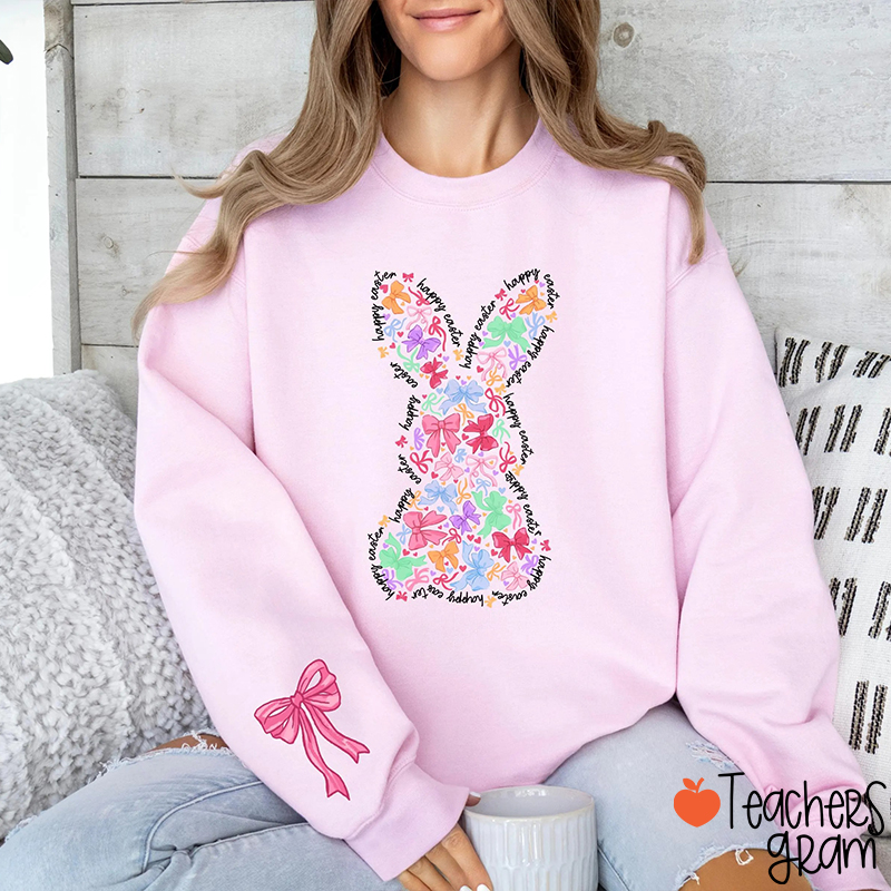 Coquette Bow Bunny Teacher Sleeve Print Sweatshirt