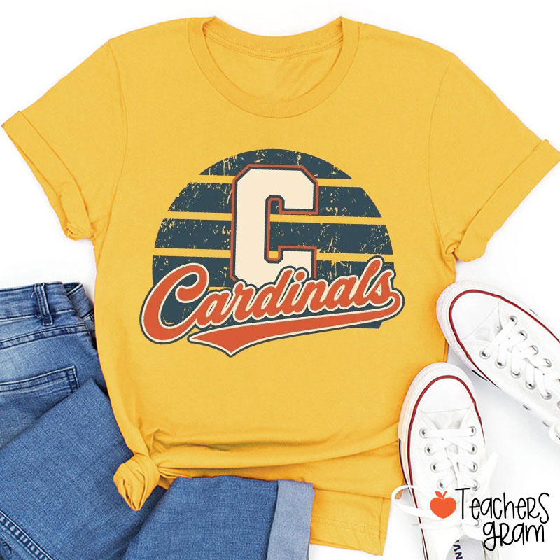 Personalized Mascot Name And Color Retro Striped Circle Initial Teacher T-Shirt