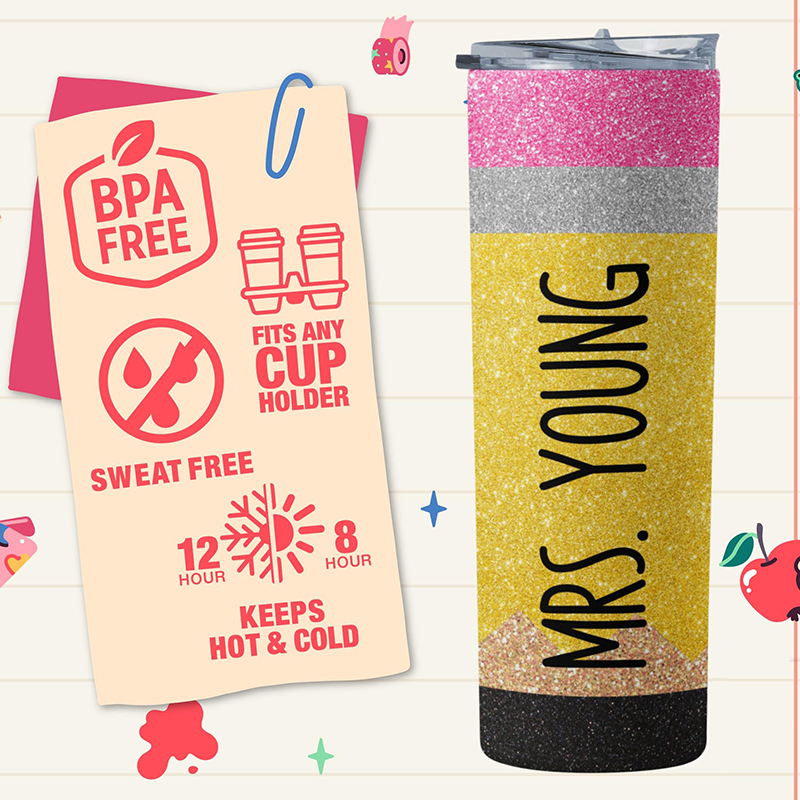 Personalized Name Glitter Pencil Apple Teacher Tumbler