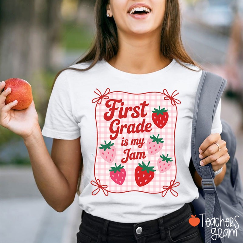 Personalized Name And Grade Strawberry Plaid Teacher T-Shirt