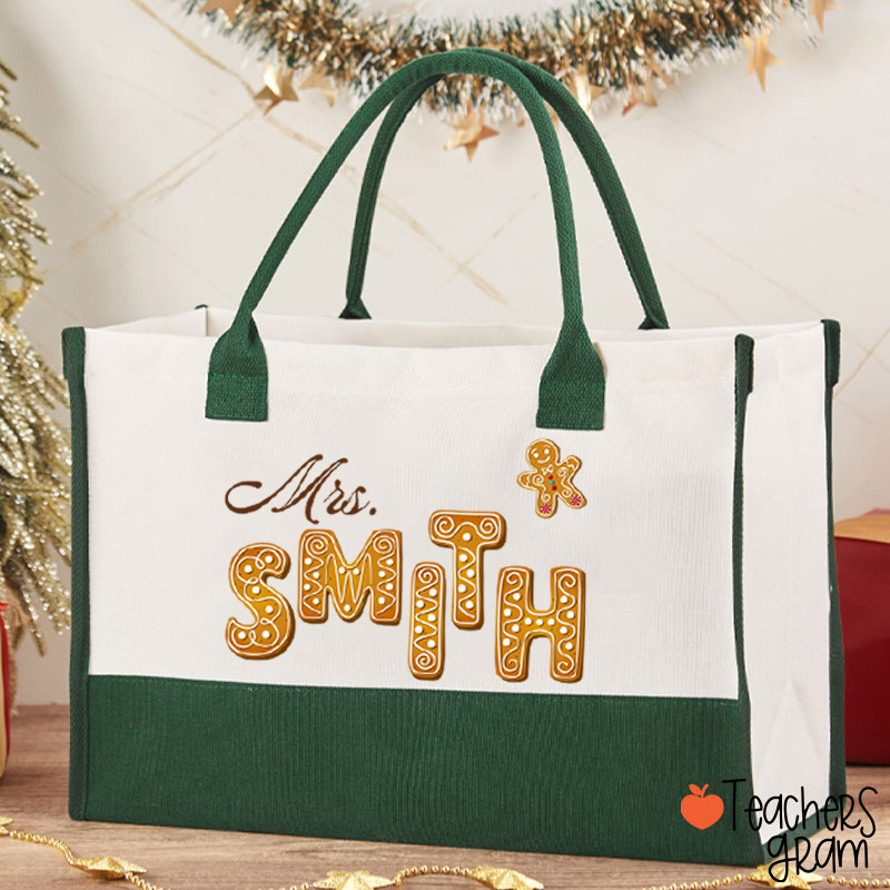 Personalized Name Gingerbread Teacher Cotton Tote Bag