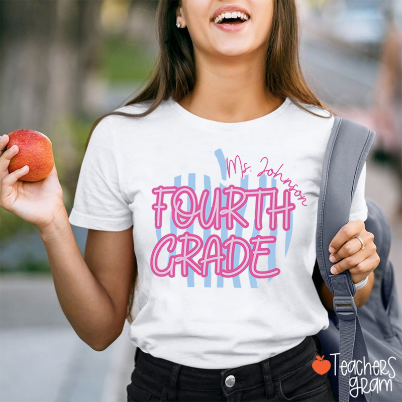 Personalized Grade And Name Stripes Apple Teacher T-Shirt