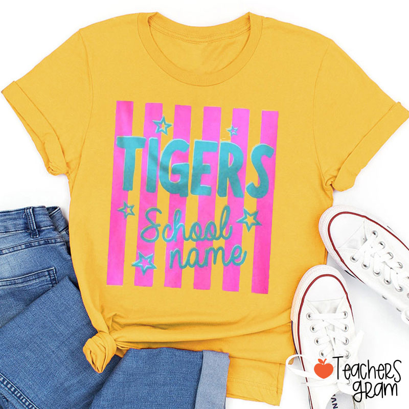 Personalized School Mascot Striped Teacher T-Shirt