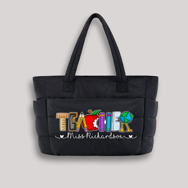 Personalized Name Cartoon Stationery Pencil Teacher Puffy Tote Bag