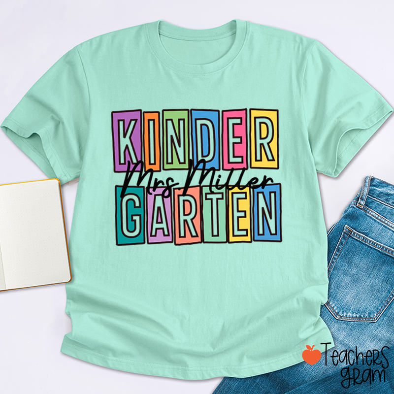 Personalized Name And Grade Colorful Block Letter Cursive Script Teacher T-Shirt