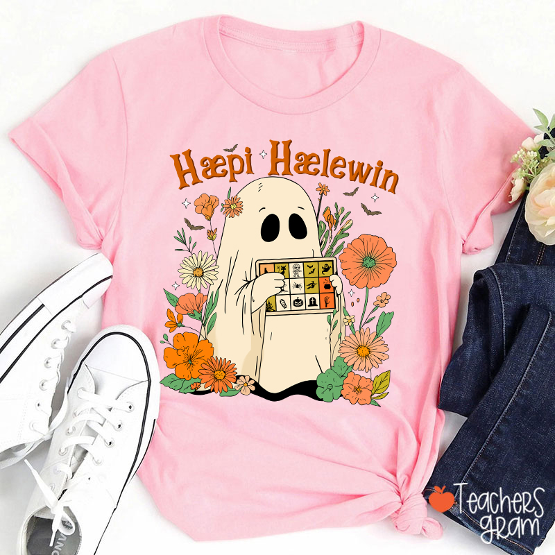 Happy Halloween Ghost With Floral Teacher T-Shirt