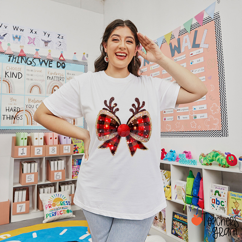 Glitter Reindeer Bow Teacher T-Shirt