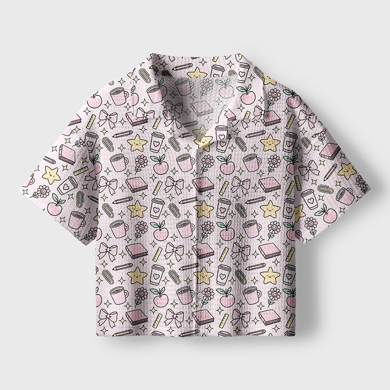 Book Pencil Bow Teacher Crochet Crop Camp Shirt