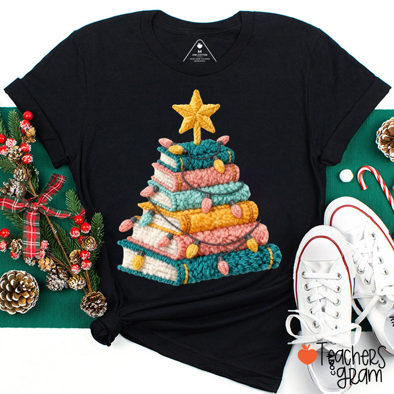 Faux Yarn Books Christmas Tree Teacher T-Shirt