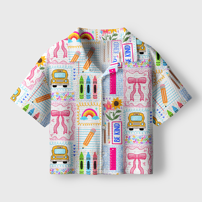 School Bus Coquette Bow Teacher Crochet Crop Camp Shirt