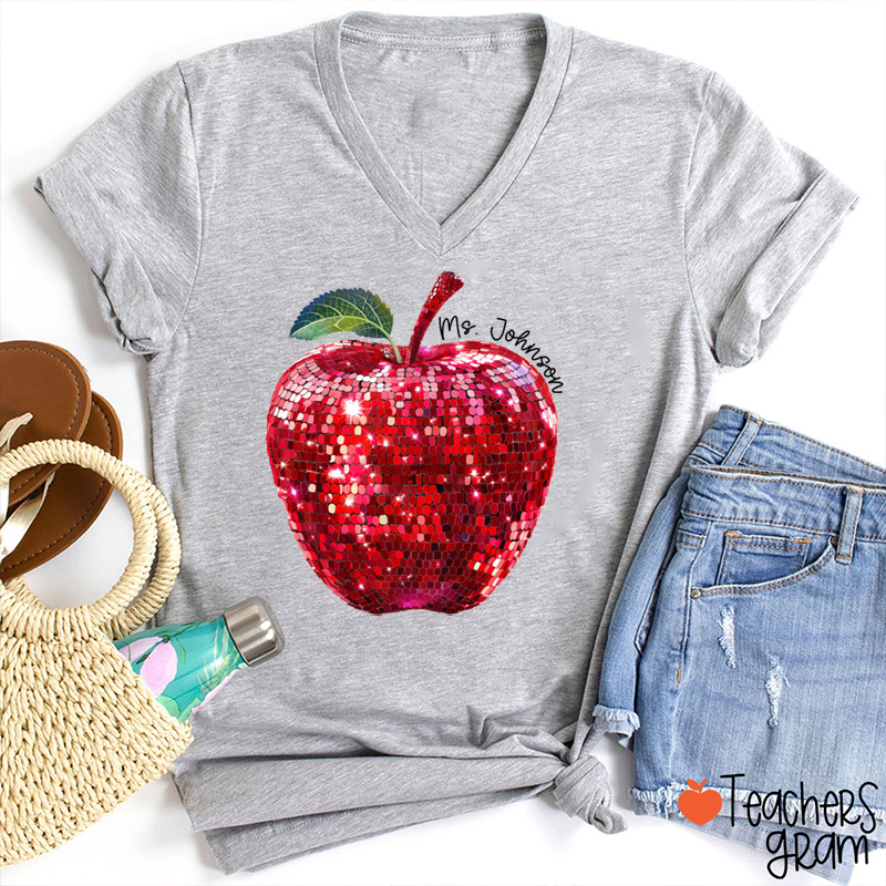 Personalized Red Glitter Apple And Name Teacher Female V-Neck T-Shirt