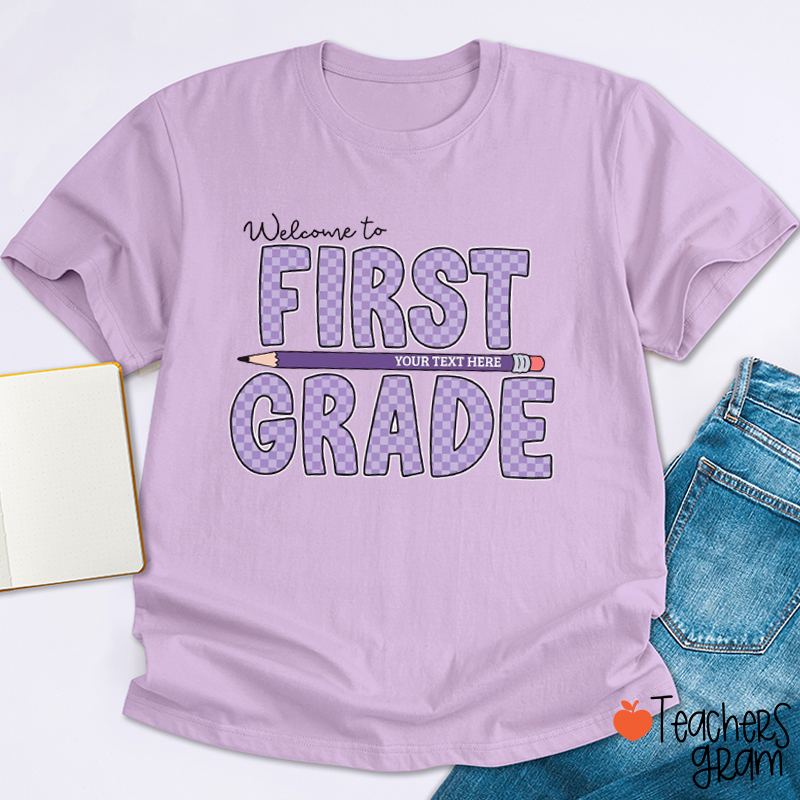 Personalized Grade Or Text Pencil Checkered Back To School Teacher T-Shirt