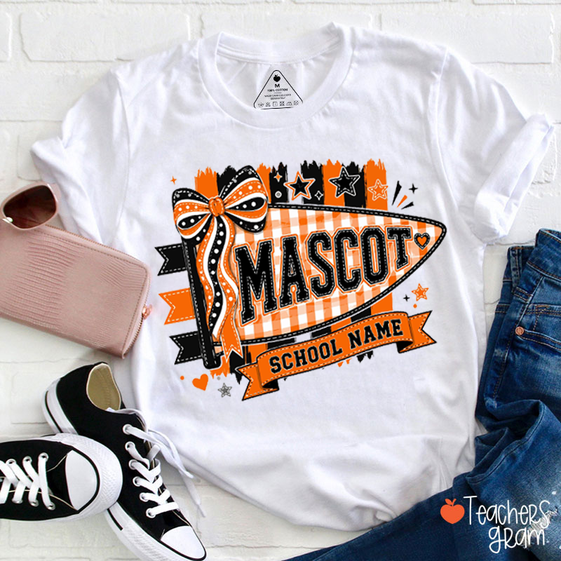Personalized Mascot School Name Cheer Pennant Bow Plaid Teacher T‑Shirt