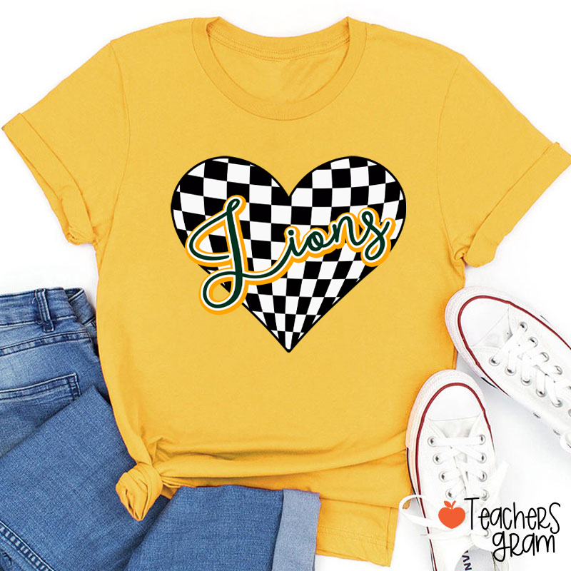 Personalized Mascot Checkerboard Love Heart Teacher T-Shirt