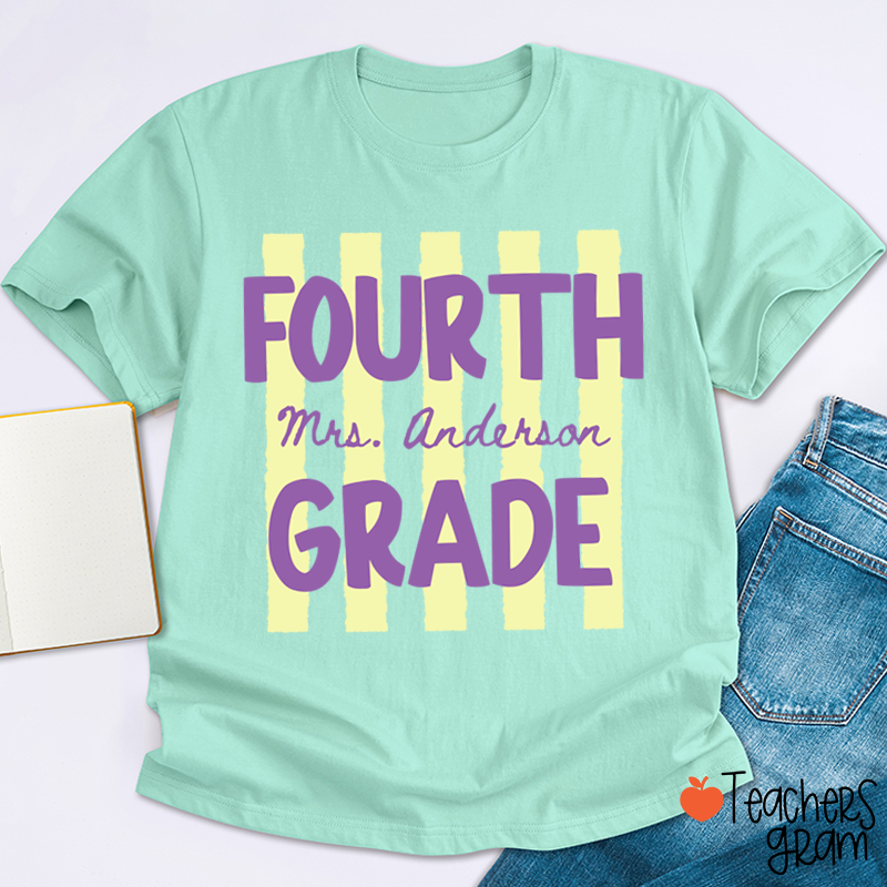 Personalized Name And Grade Preppy Stripes Teacher T-Shirt