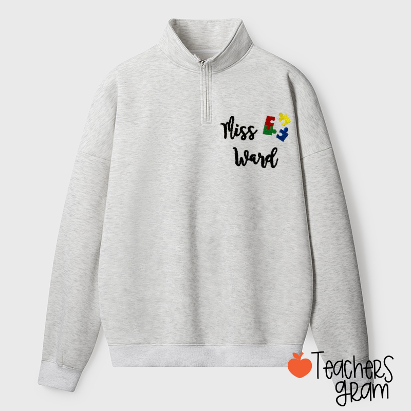 Personalized Name Colorful Puzzle Teacher Quarter Zip Sweatshirt