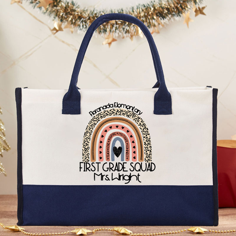 Personalized Grade Name And School Name Leopard Rainbow Teacher Cotton Tote Bag