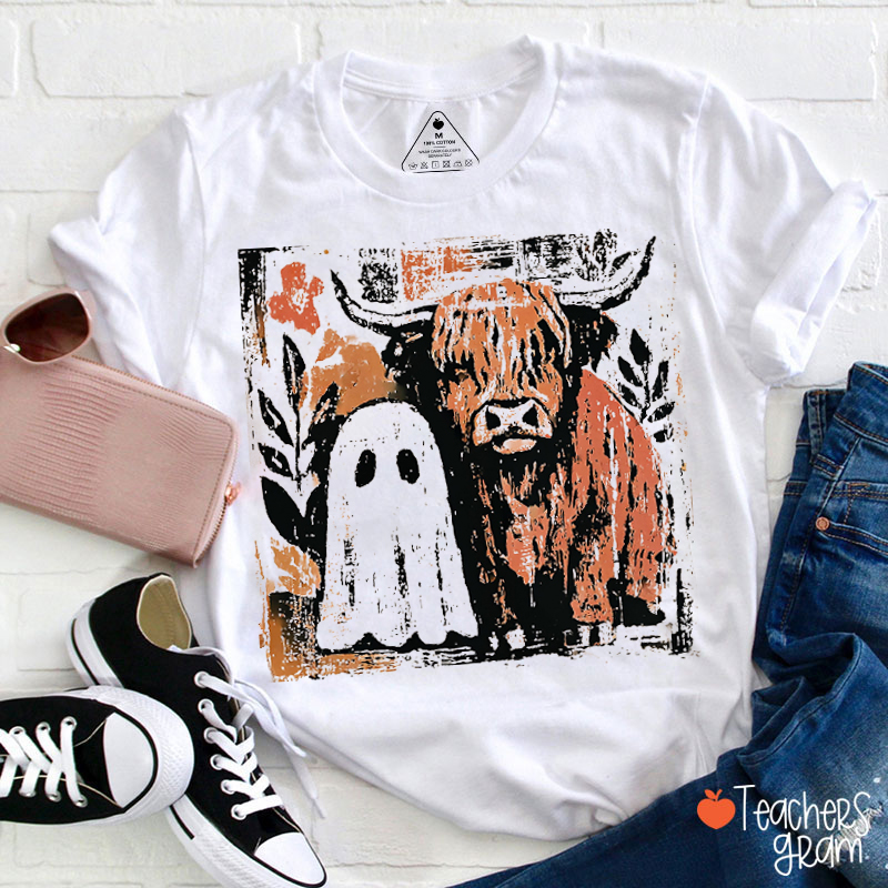 Halloween Ghost  And Little Cow Teacher T-Shirt