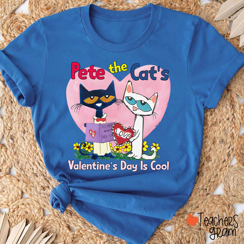 Blue And White Cat Valentine's Day Is Cool Teacher T-Shirt